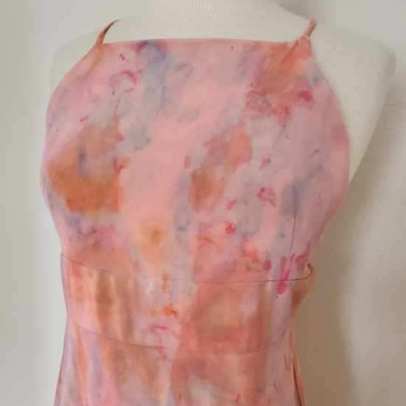Silk halter summer Dress 10 12 large XL painted blue pink purple peach orange